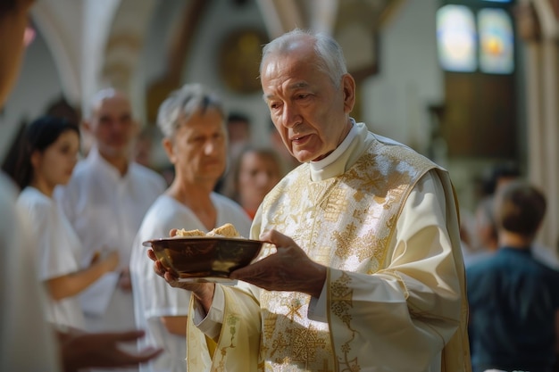 Фото Католический священник дает хлеб причастия верующим во время мессы