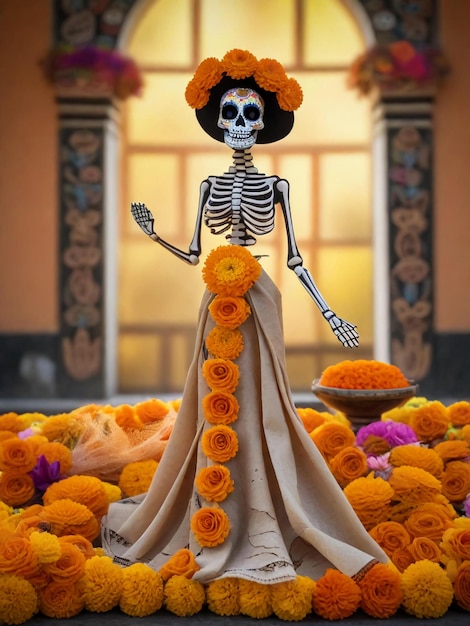 Foto catrina all'altare con fiori di cempasuchil e carte tagliate celebrazione del giorno dei morti