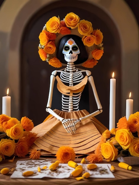 Catrina bij het altaar met cempasuchil bloemen en gehakte papieren dag van de doden viering