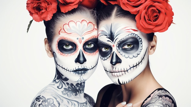 Catrina and catrin wearing sugar skull make up hall