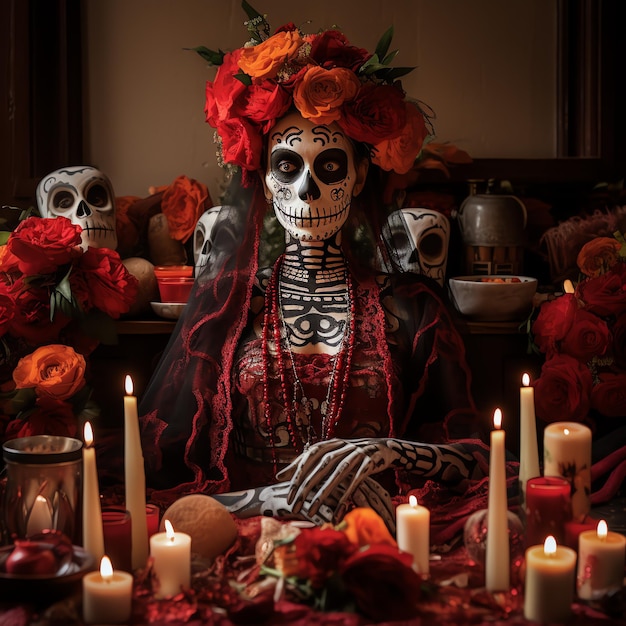 Катрина в полный рост мексиканская Dia de Muertos День мертвых акварельная рамка