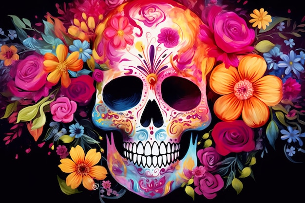 Catrina skull in flower Day of Death symbol