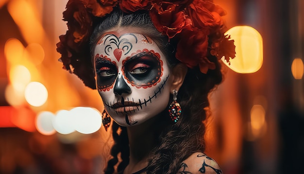 catrina skull makeup for halloween in bokeh light