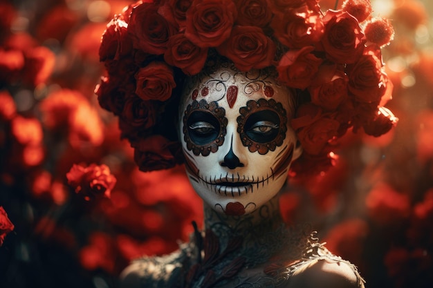 Катрина с мертвым макияжем и цветочной шляпой