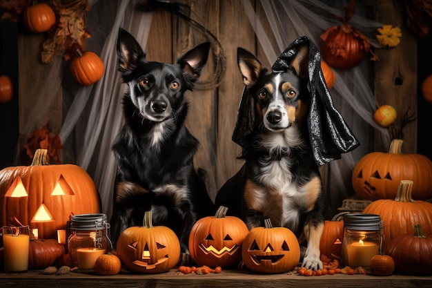 写真 ハロウィーンの衣装を着た猫と犬が装飾された玄関に座っている