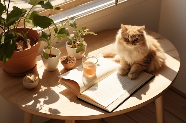 写真 テーブルの上の猫と植物