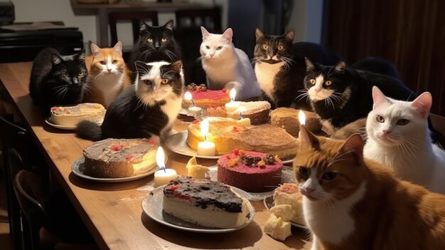 猫が誕生日を祝う パーティー 猫がケーキを食べる 猫の誕生日の子猫のパーティー