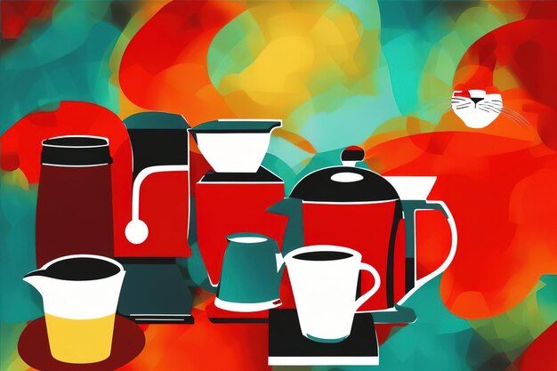 Photo cats and coffee abstract retro background in painting style