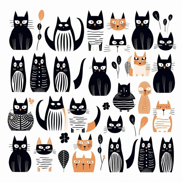 Cats Collection Doodle Style with Elements of Black Cats and White Background