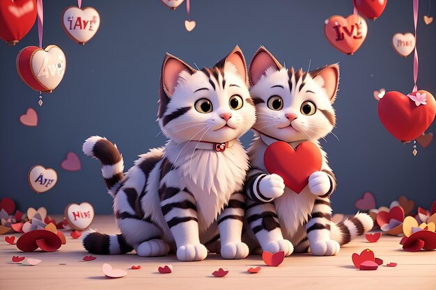 Cats couple in love with hearts valentine's day card 3d render illustration