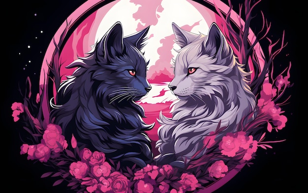 cats Couple in the moonlight