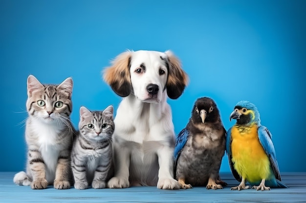 Foto gatti, cani e uccelli insieme su sfondo blu