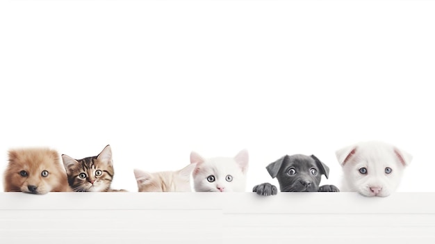 Photo cats and dogs peeking over white web banner