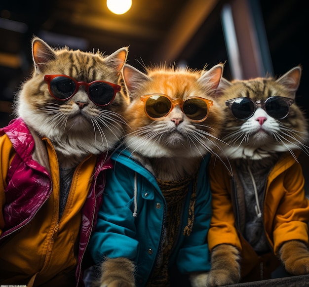 Cats dressed in sunglasses and jackets Cats with sunglasses doing selfies