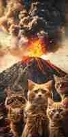Photo cats in front of a volcano