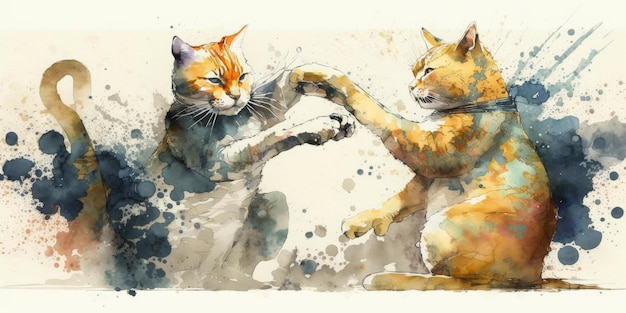 Cats jitsu fighting battle aggressive watercolor beautiful painting art Generative AI AIG16