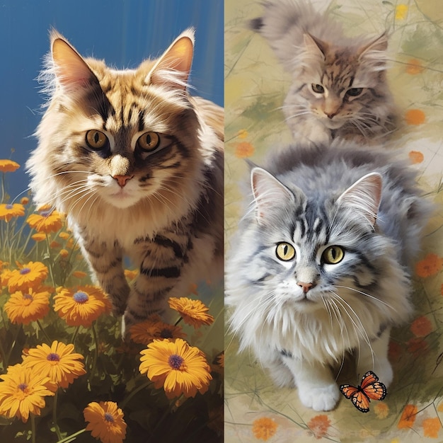 Cats paints with flowers and butterflies