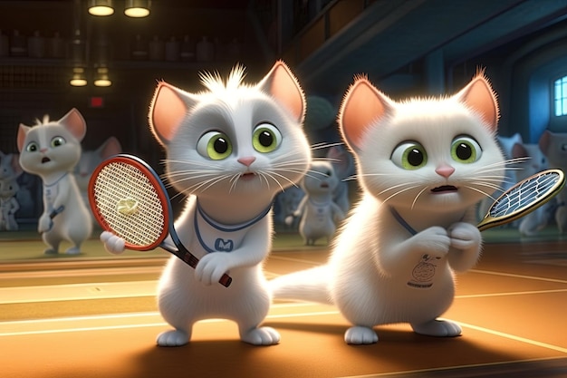 Photo cats playing tennis cartoon style illustration generative ai