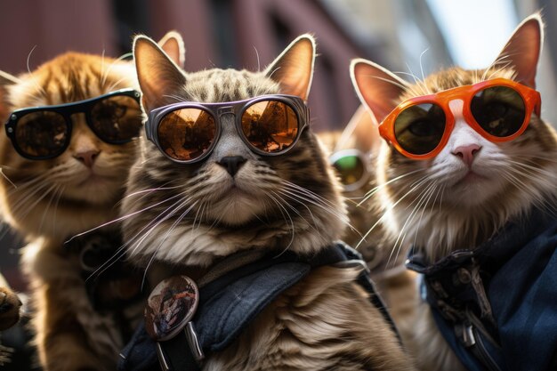 cats portrait with sunglasses Funny animals in a group together looking at the camera wearing clothes having fun together taking a selfie An unusual moment full of fun and fashion consciousness