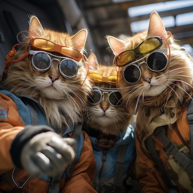 cats portrait with sunglasses Funny animals in a group together looking at the camera wearing clothes having fun together taking a selfie An unusual moment full of fun and fashion consciousness