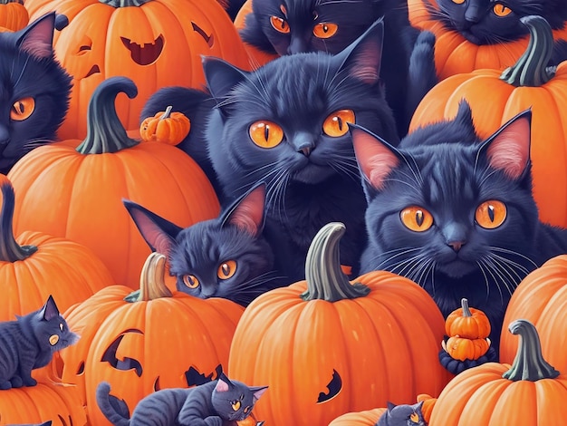 Cats and pumpkins seamless pattern background