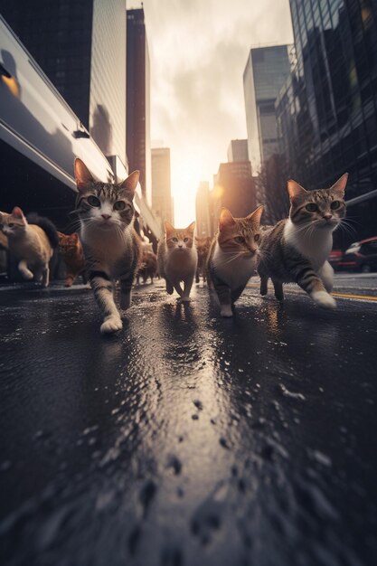 cats running in the street with the sun behind them