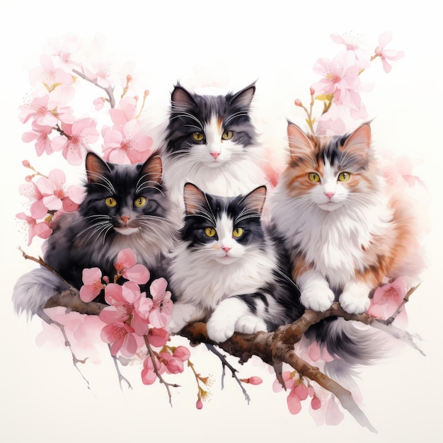 Cats sitting on a branch of cherry blossoms