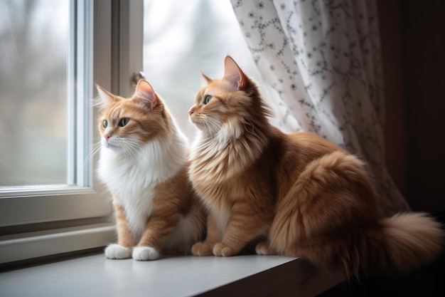 生成 AI で作成された世界を眺めながら窓枠に一緒に座っている猫