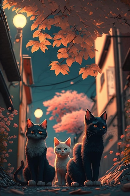 Cats on a street with a tree in the background