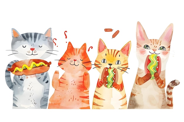 Cats and Their Animal Friends Enjoy Playful Hot Dog Feast in Minimalist Watercolor