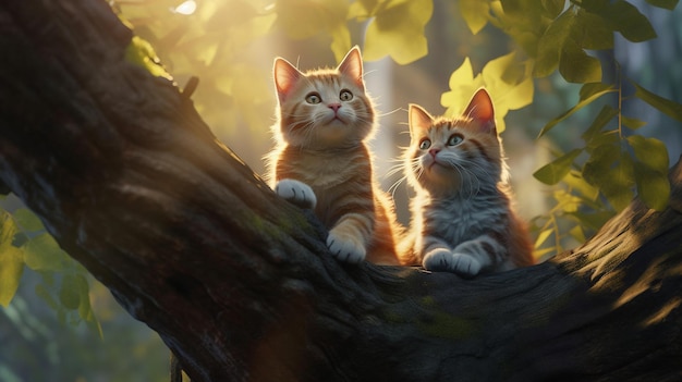 cats in a tree with the sun behind them