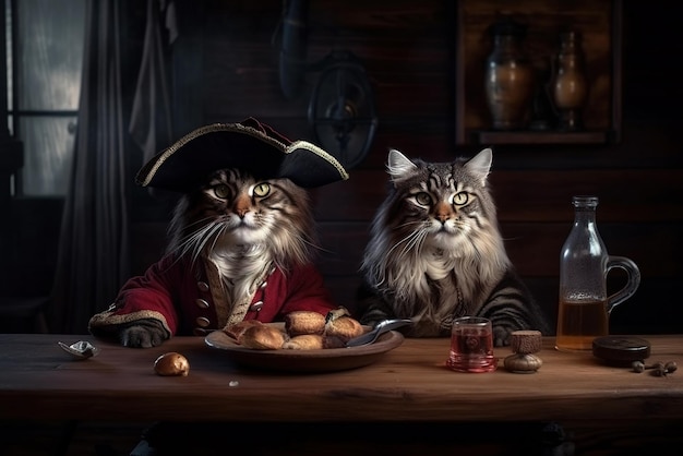 Cats wearing vintage outfit sitting in old tavern funny pets generative AI