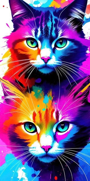 Cats with abstract beauty looking at the camera psychedelic colors digital painting