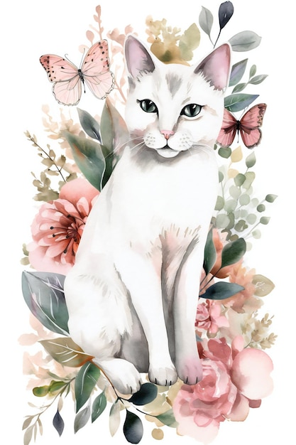 Photo cats with flowers in watercolor clipart