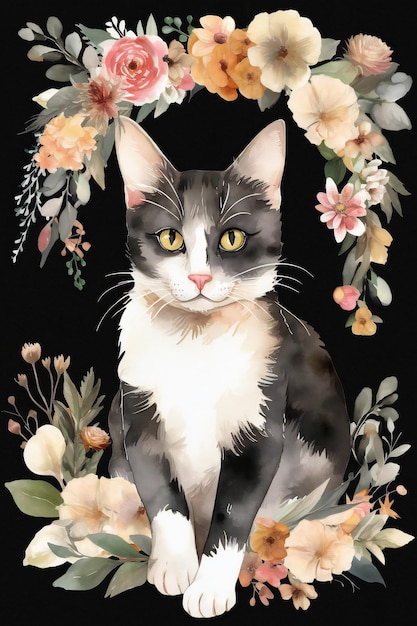 Photo cats with flowers in watercolor clipart