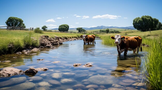 Cattle drinking from a pond in a burst of creative energy