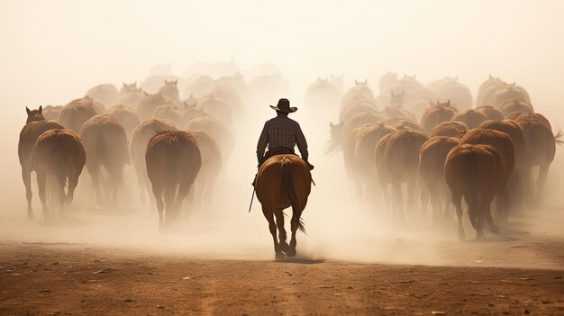 Photo cattle drivers a man in a cowboy hat while driving a herd of horses