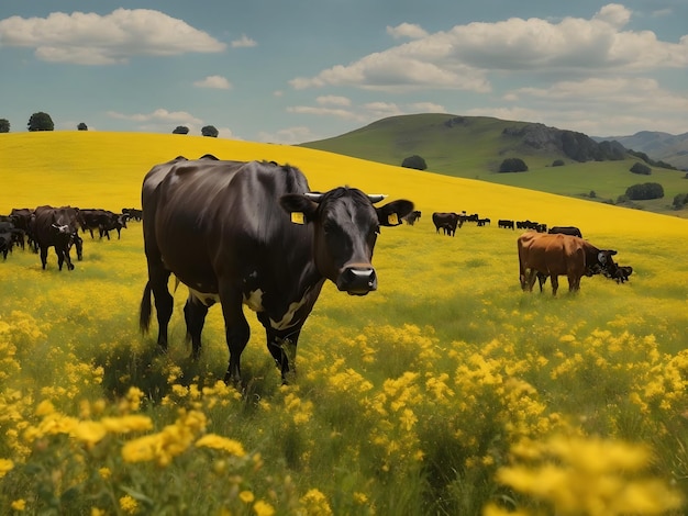 黄色い 花 の 草原 の 中 で 牧草 を し て いる 牛