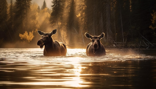 Cattle grazing in tranquil meadow at sunset generated by AI