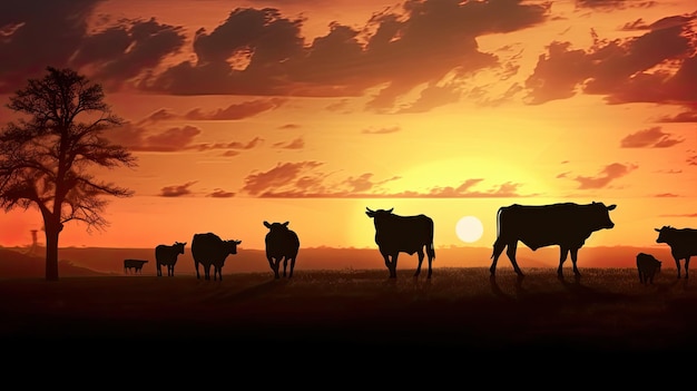 Cattle shapes at sunset on the farm field