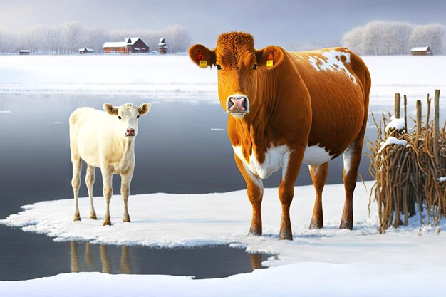 Cattle in snow on farm and cow on ice generative ai