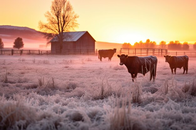 Скот на зимнем пастбище под морозным восходом солнца