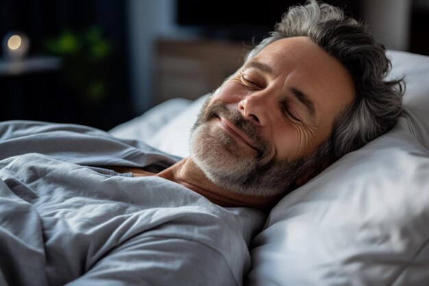 白人男性は幸せな夢を見ながらベッドで安らかに眠っています