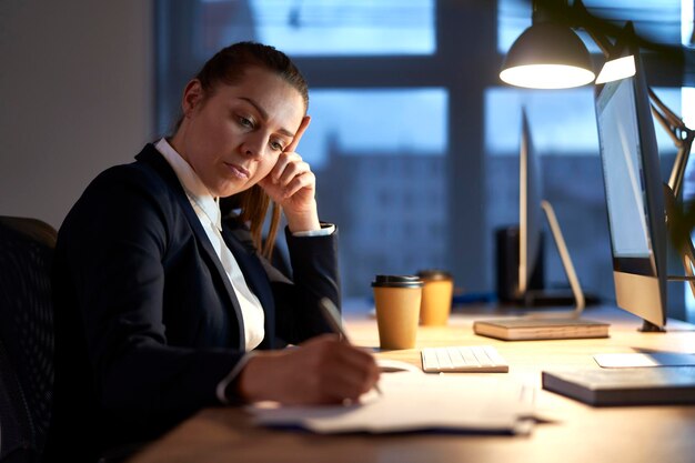 Photo caucasian adult woman working to late at the office