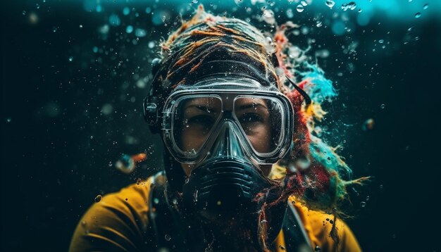 Caucasian adults scuba diving exploring underwater nature generated by AI