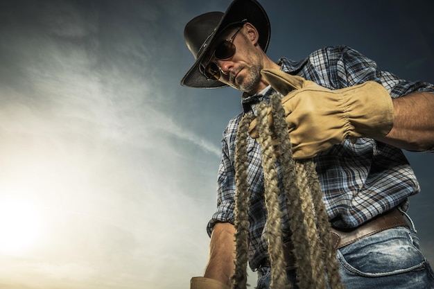 Foto contadino cowboy americano caucasico con una corda in mano tema del lavoro agricolo