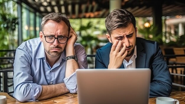 Caucasian and Asian businessmen are constantly watching over the Internet through their computers feeling stressed and upset look like bad news on screen