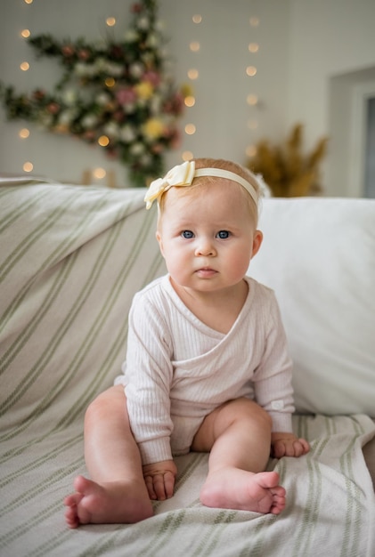 Caucasian babe girl in white bodysuit and headband sitting on a sofa in a beautiful room