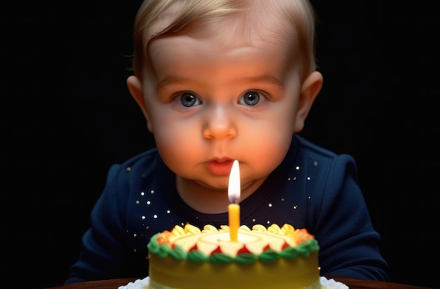 Caucasian baby blowing candles on delicious birthday cake on dark background closeup