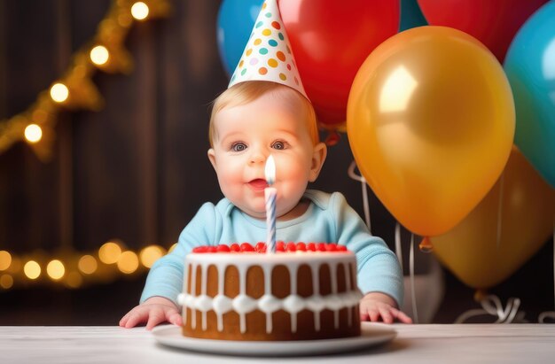 Caucasian baby in cone hat blows candles on cake at home closeup happy birthday concept